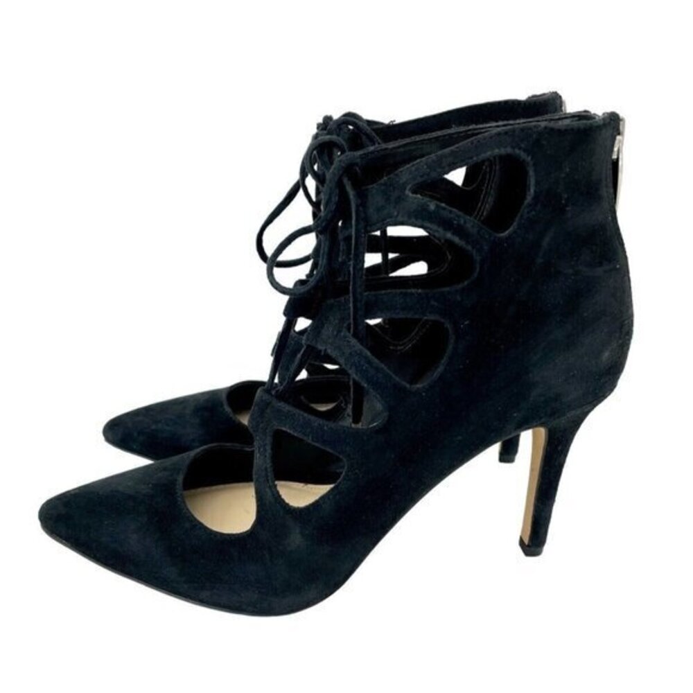 Vince Camuto Pumps Black Suede Leather Pointed Toe Caged Ankle SZ 7 New